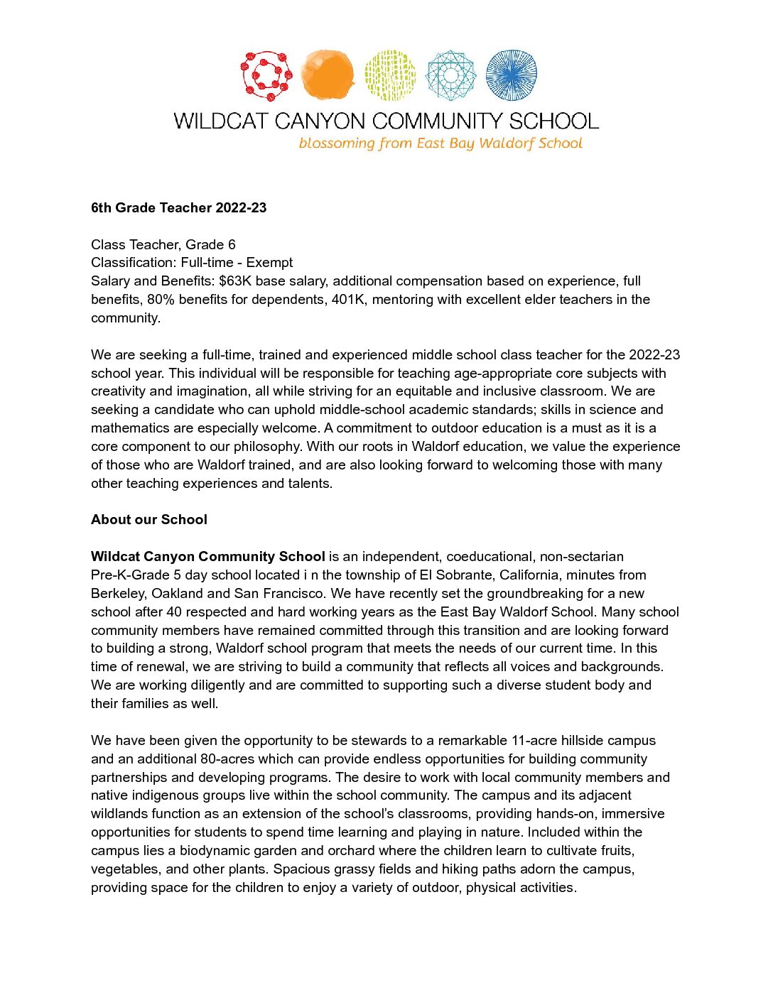 Middle School Job Description 2022 23 Wildcat Canyon Community School